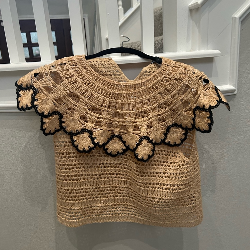 Zara Tan Crochet Top with Black Detailing